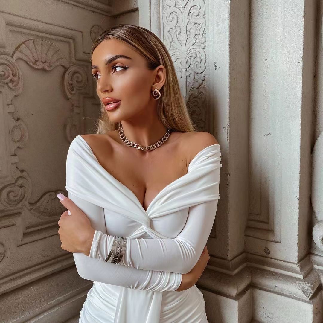 Womens Sexy V-Neck Off-Shoulder Long-Sleeve Pleated Ruffle Dress