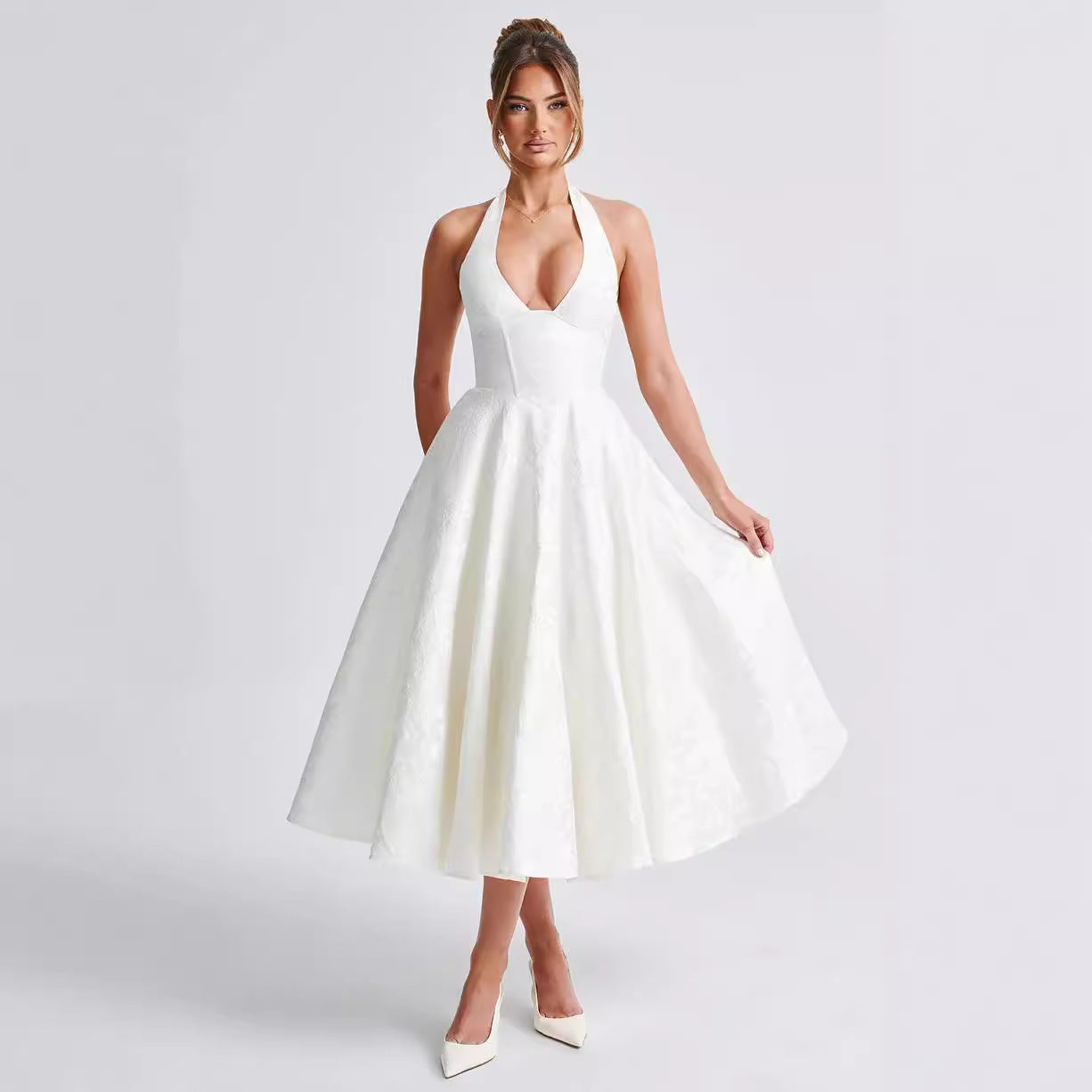 שמלת ז'קארד ללא שרוולים עם שרוולי V, באורך המותניים, ארוכה לגיל הזהב