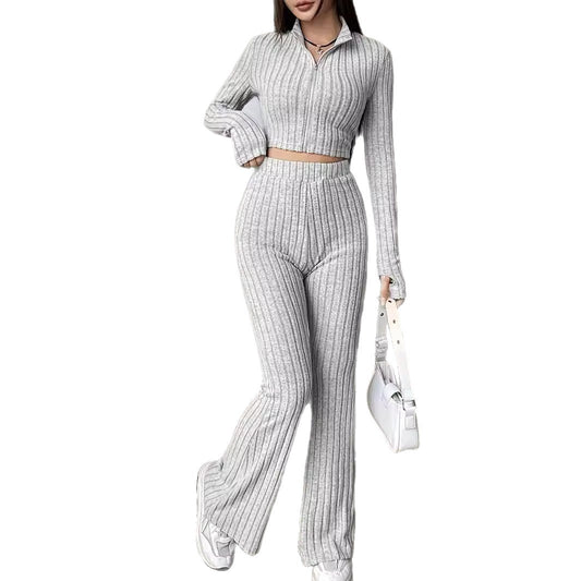 Fashionable Solid-Color Ribbed Two-Piece Set Zip-Up Long-Sleeve Cropped Top And High-Waist Flare Pants Suit