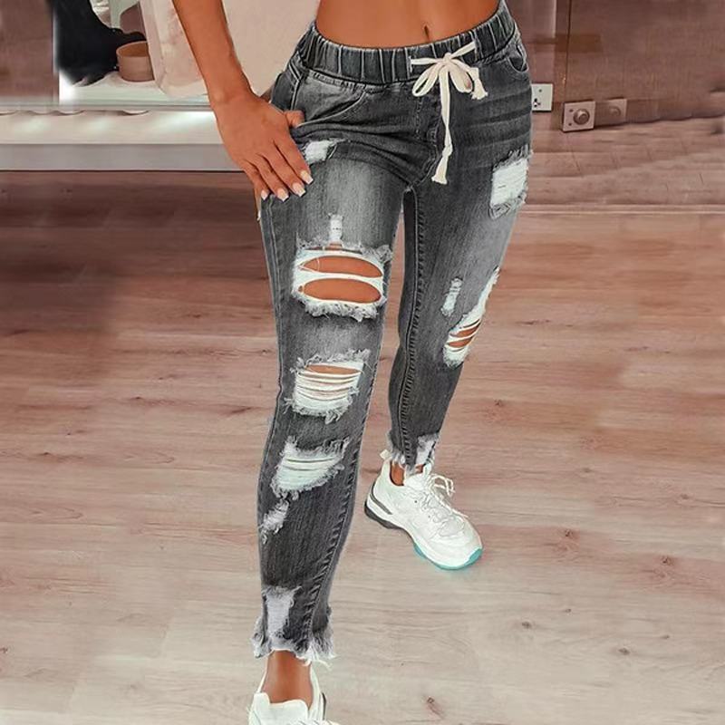 Jean taille haute déchiré à cordon élastique pour femme