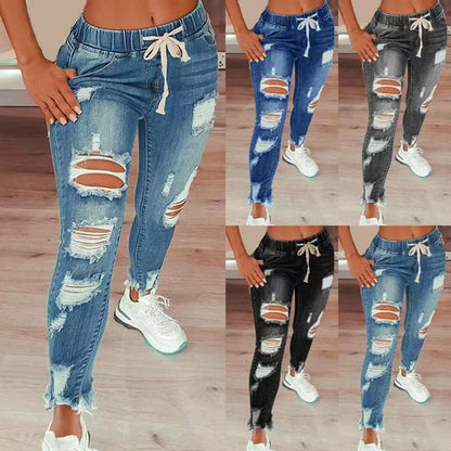 Jean taille haute déchiré à cordon élastique pour femme