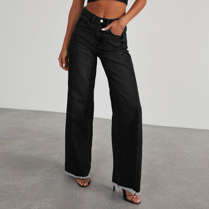 Jean taille haute tendance avec poches, coupe slim confortable, pantalon droit à jambes larges,