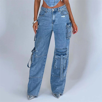 Ensemble pour femme : haut tube 3D taille basse et pantalon en jean à poches cousues.
