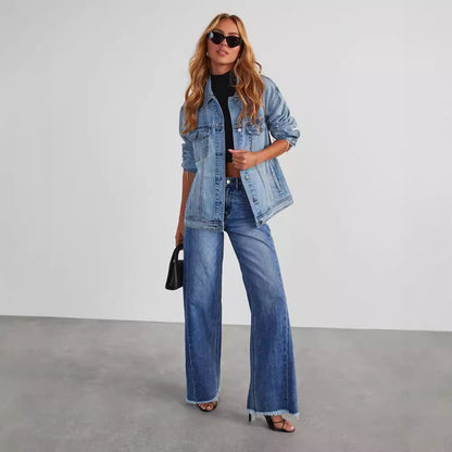 Jean taille haute tendance avec poches, coupe slim confortable, pantalon droit à jambes larges,