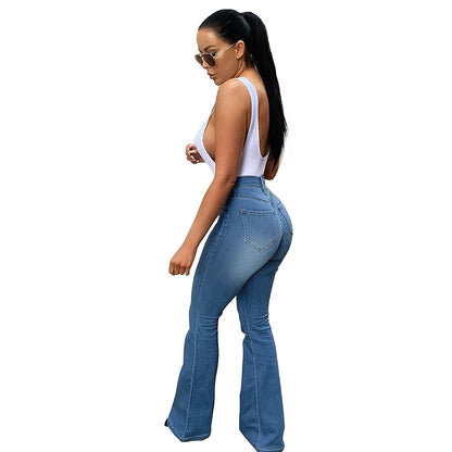 Pantalon en denim stretch taille haute, coupe fer à cheval, micro-effiloché