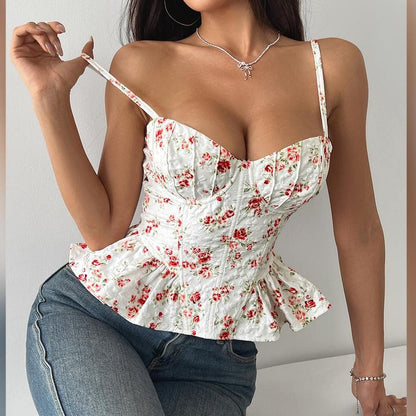 Haut asymétrique à volants imprimé floral