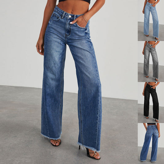 Jean taille haute tendance avec poches, coupe slim confortable, pantalon droit à jambes larges,