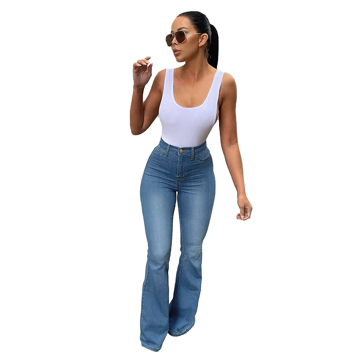 Pantalon en denim stretch taille haute, coupe fer à cheval, micro-effiloché