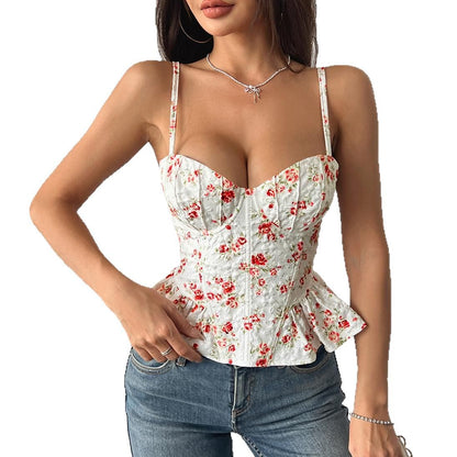 Haut asymétrique à volants imprimé floral