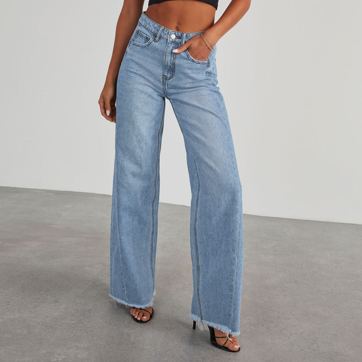 Jean taille haute tendance avec poches, coupe slim confortable, pantalon droit à jambes larges,