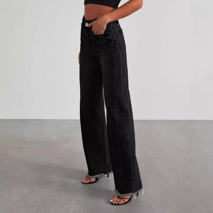 Jean taille haute tendance avec poches, coupe slim confortable, pantalon droit à jambes larges,