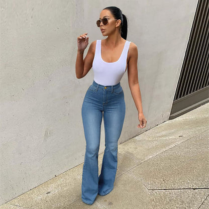 Pantalon en denim stretch taille haute, coupe fer à cheval, micro-effiloché
