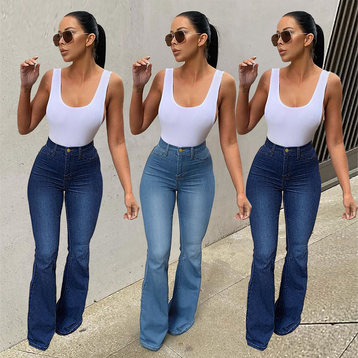 Pantalon en denim stretch taille haute, coupe fer à cheval, micro-effiloché