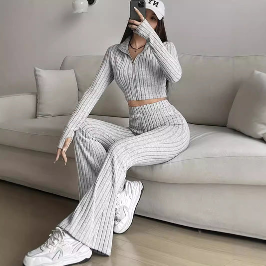 Fashionable Solid-Color Ribbed Two-Piece Set Zip-Up Long-Sleeve Cropped Top And High-Waist Flare Pants Suit
